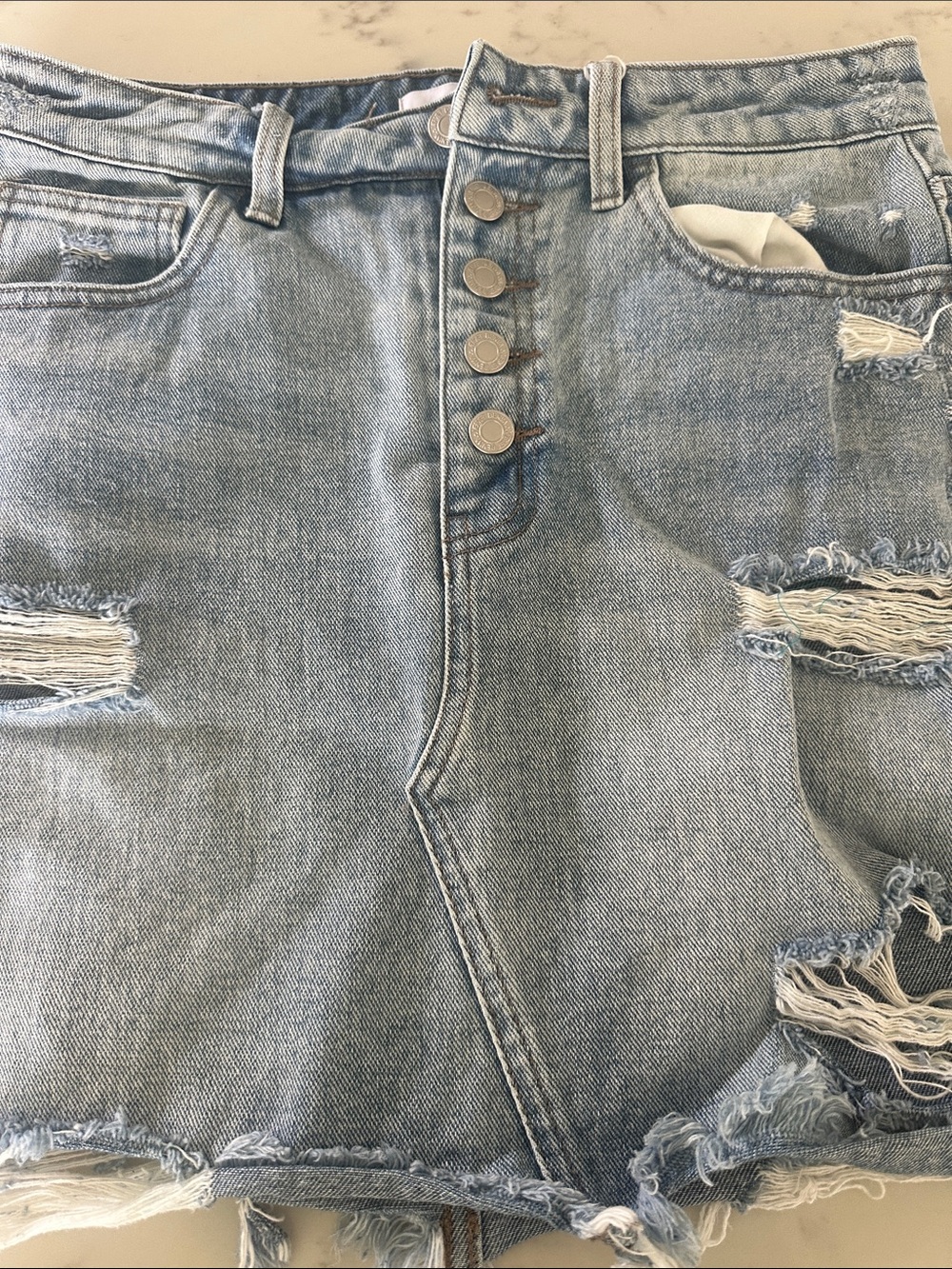 Distressed Light Blue Denim Mini Skirt - Picture 9 of 13